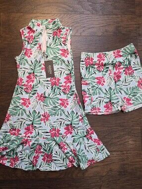 Floral Tropical Sleeveless Mini Dress in Blue, Green, & Pink